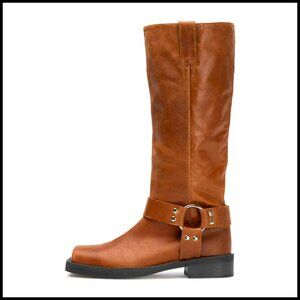 Knee High Motorcycle Boots Chunky Heel Square Toe Pull On Biker Riding Boots